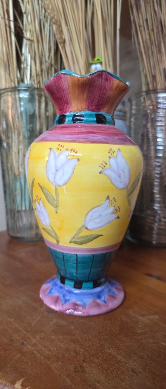 Vintage Accent Hand-Painted Ceramic Tulip Pedestal Vase